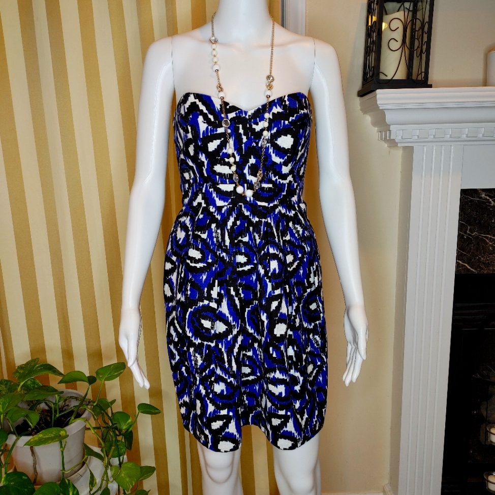 Shoshanna Strapless Ikat Dress With Pockets, Blue, Black, White 4